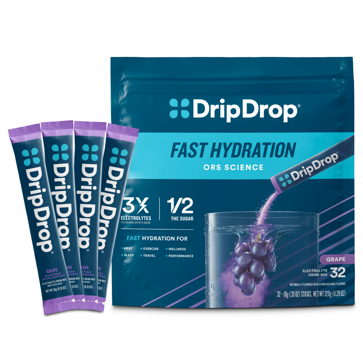 DripDrop Single Serve Electrolytes Powder Drink Mix 32 Sticks